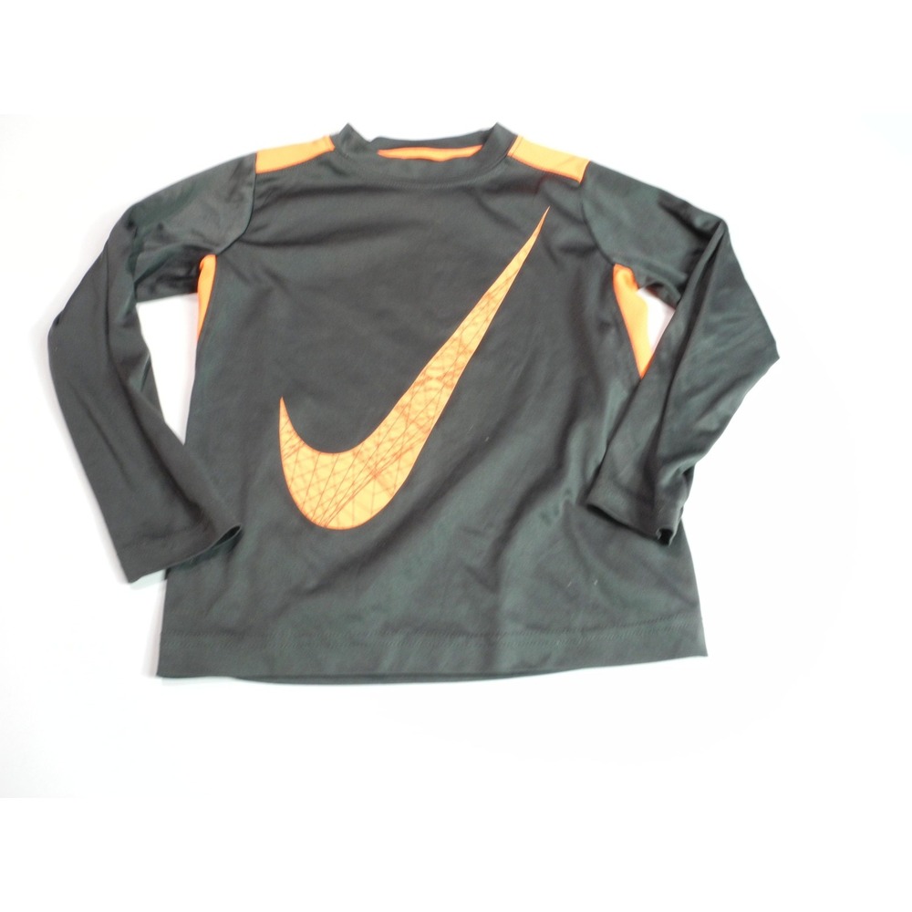 Nike Dri-Fit Shirt Youth XS 4 Black Orange Long Sleeve Swoosh Logo Athletic Top